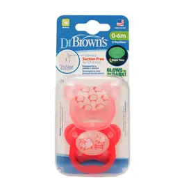 Dr Browns Dr Brown's PreVent Glow in the Dark Pacifier - Stage 1(2Pack) 0-6 months Pink