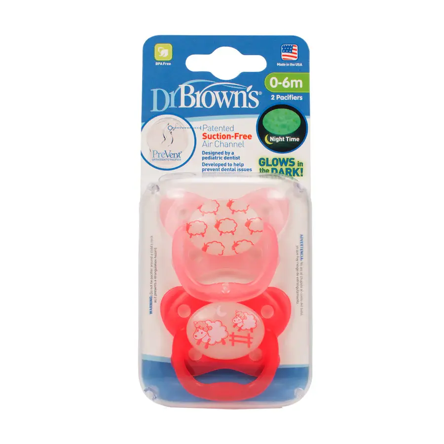 Dr Browns Dr Brown's PreVent Glow in the Dark Pacifier - Stage 1(2Pack) 0-6 months Pink