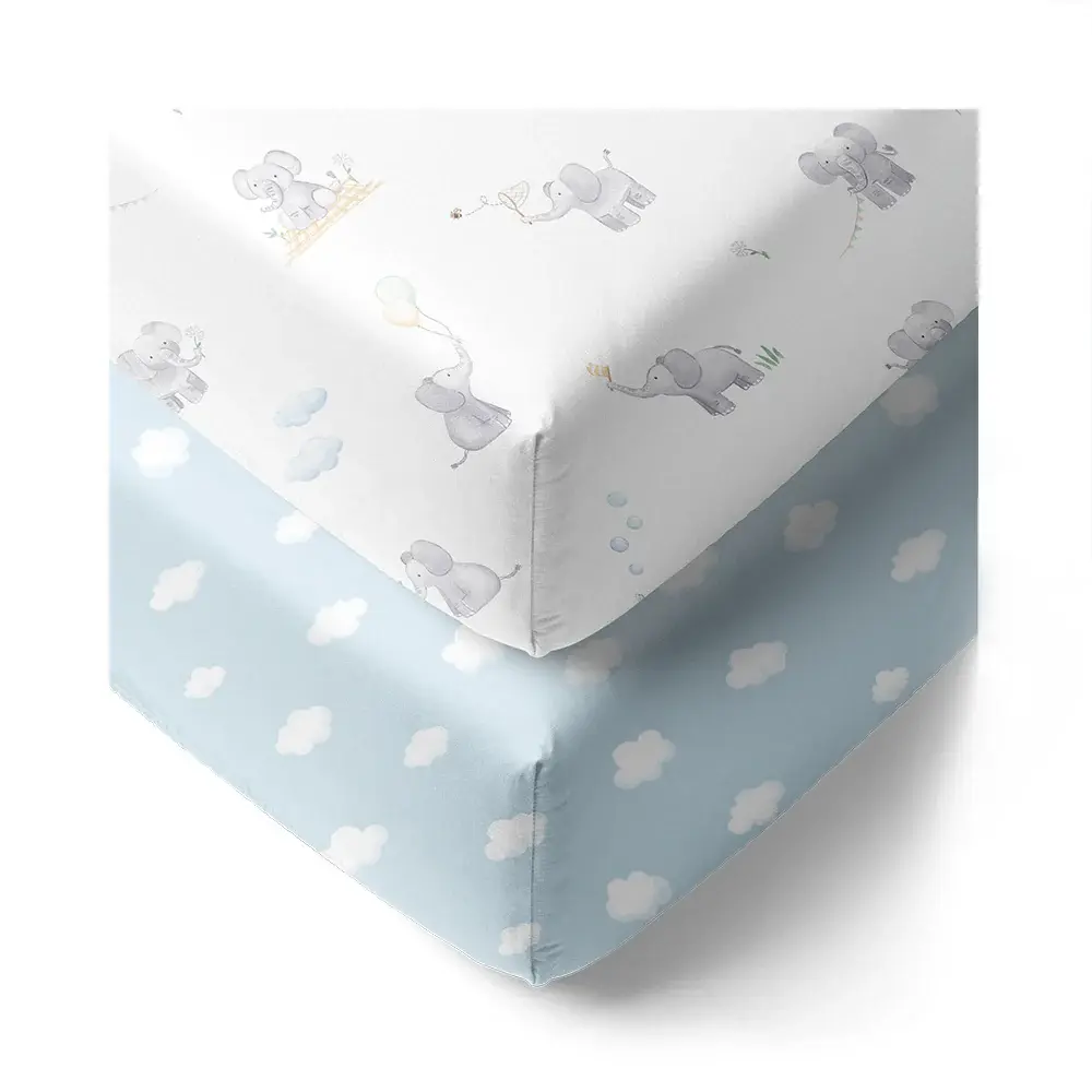 Living Textiles Living Textiles 2-pack Jersey Cot Fitted Sheet Elephant Playtime