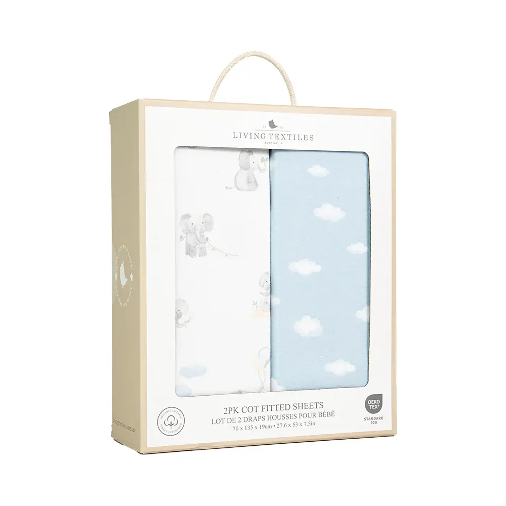 Living Textiles Living Textiles 2-pack Jersey Cot Fitted Sheet Elephant Playtime