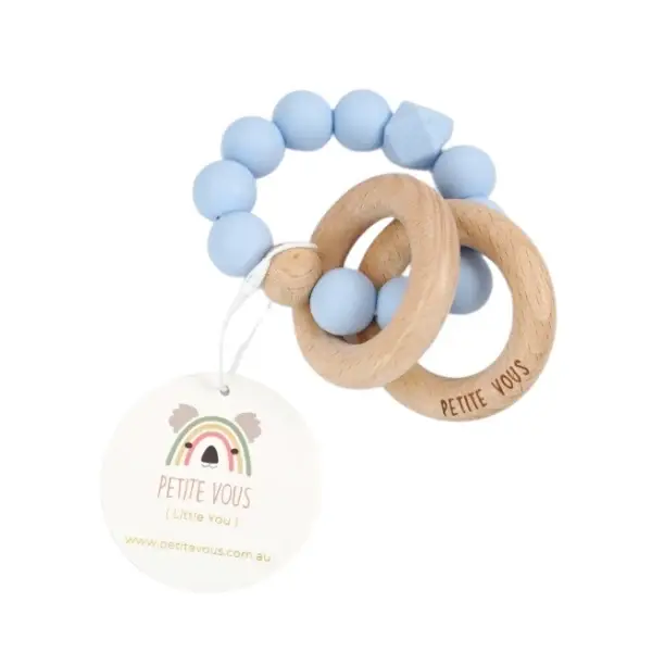 Petite Vous Petite Vous  Silicone + Beechwood Teething Rings (Baby Blue)