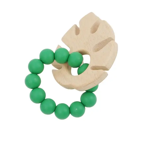 Petite Vous Monstera Leaf Silicone + Beechwood Teether - (Rainforest Green)