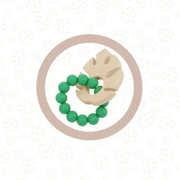 Petite Vous Monstera Leaf Silicone + Beechwood Teether - (Rainforest Green)