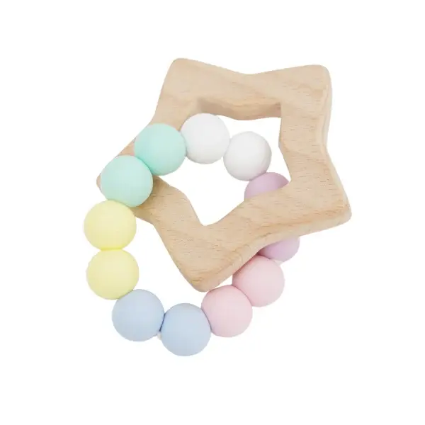 Petite Vous Petite Vous Star Silicone + Beechwood Teether (Pastel Rainbow)