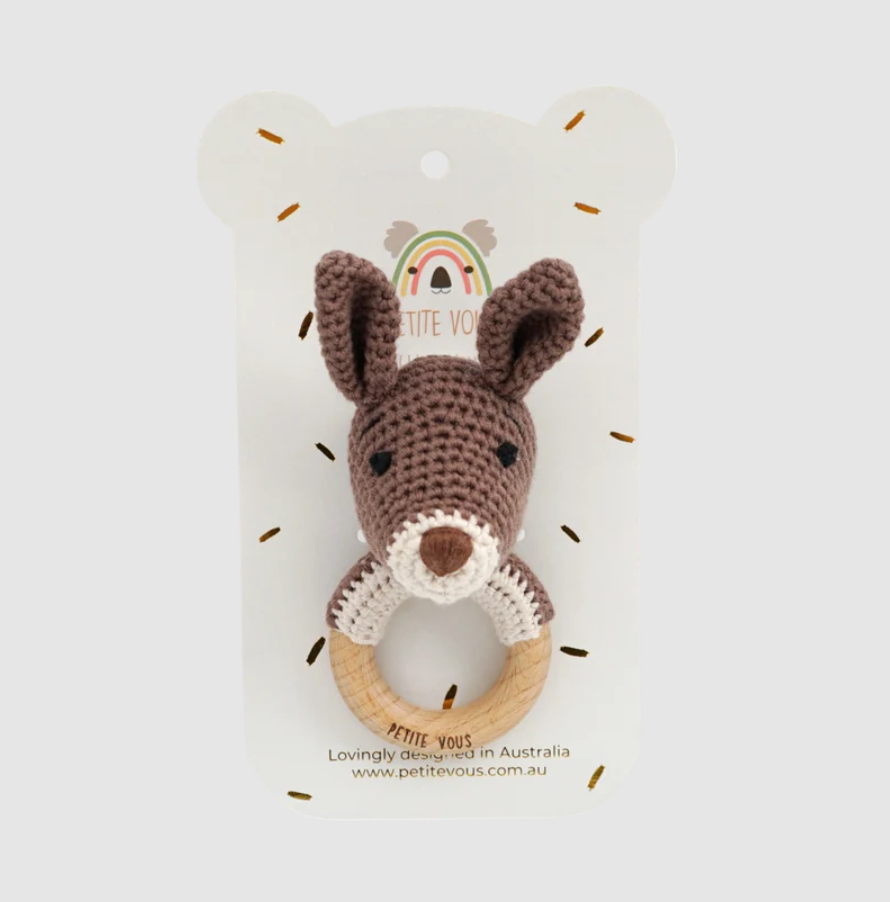 Petite Vous Petite Vous 100% Cotton Crochet Ring Rattle Kobe Kangaroo