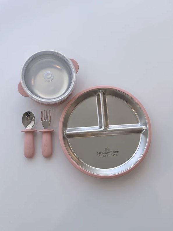 Meadow Lane Collective Stainless Steel + Suction Dinnerset - Pink
