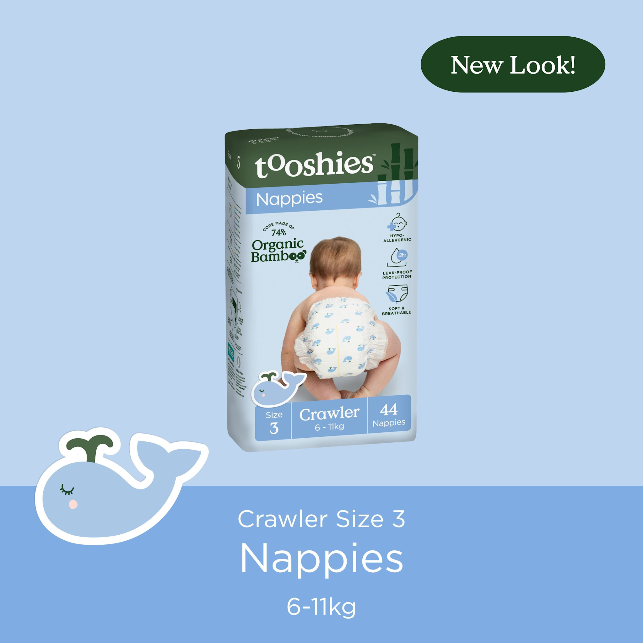 Tooshies Tooshies Organic Bamboo Nappies Size 3 Crawler 6-11kg 44pk
