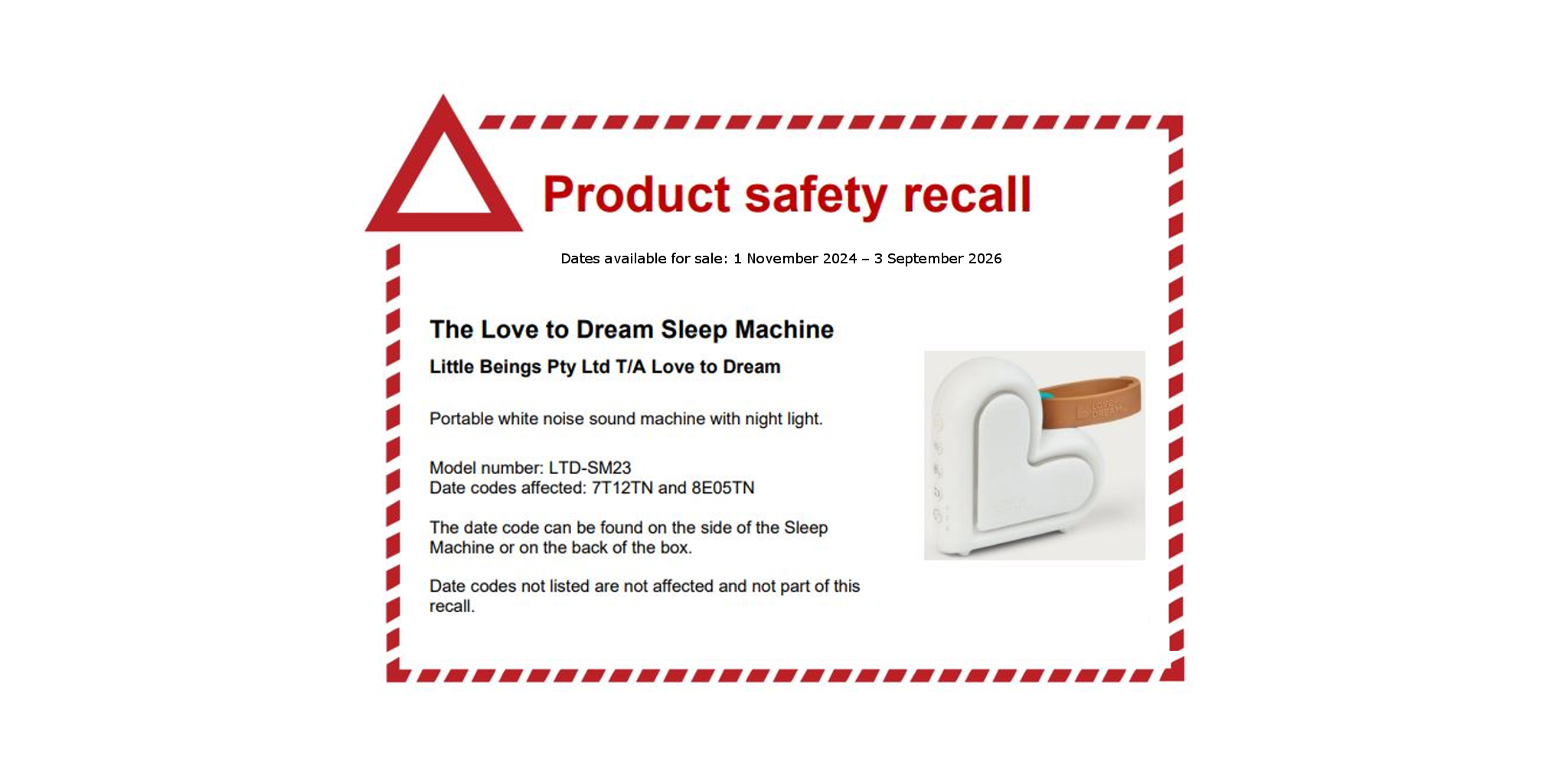 Love to Dream Sleep Machine RECALL