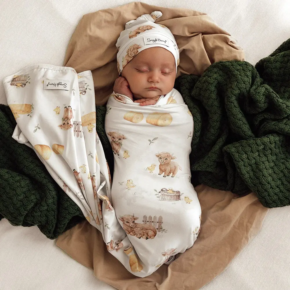 Snuggle Hunny Kids Snuggle Hunny Highland Cows Organic Jersey Wrap & Beanie Set