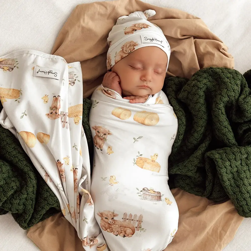 Snuggle Hunny Kids Snuggle Hunny Highland Cows Organic Jersey Wrap & Beanie Set