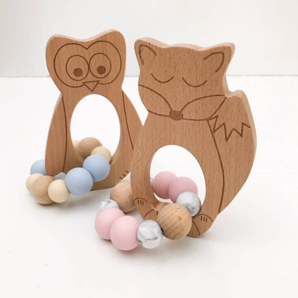 OneChewThree OneChewThree Fox/Owl/Bear Silicone Beech Wood Teether