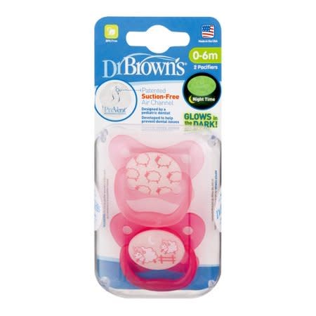 Dr Browns Dr Brown's PreVent Glow in the Dark Pacifier - Stage 1(2Pack) 0-6 months Pink