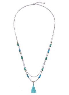 Long Double Necklace Blue and Green Silver with Tassel