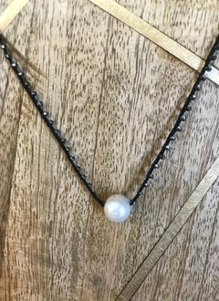 Maui Hand Made White Pearl Choker with Braided Black Bead Rope