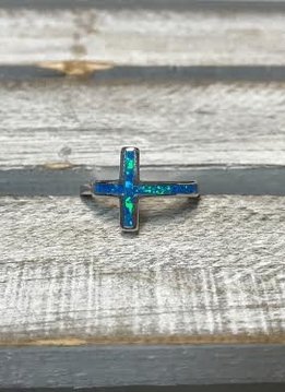 Sterling Silver Ring with Blue Opal Cross, Size 8