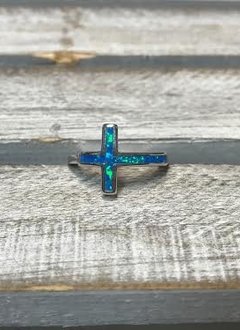 Sterling Silver Ring with Blue Opal Cross, Size 6