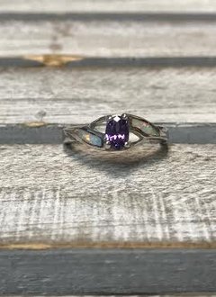 Sterling Silver with White Opal and Purple Stone Ring, Size 8