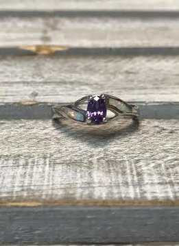 Sterling Silver with White Opal and Purple Stone Ring, Size 8