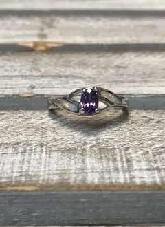 Sterling Silver with White Opal and Purple Stone Ring, Size 5