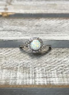 Sterling Silver and Round White Opal with CZ Halo Ring, Size 5