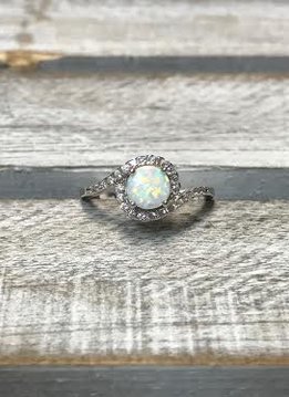 Sterling Silver and Round White Opal with CZ Halo Ring, Size 5