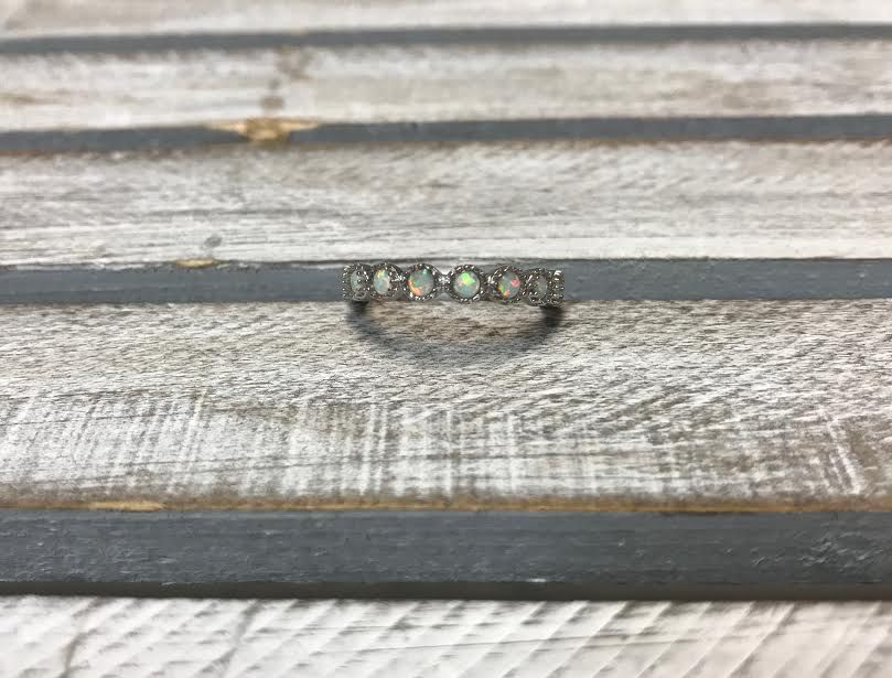 Sterling Silver with Round White Opal Eternity Band, Size 7