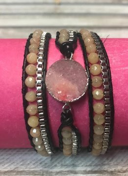 Handmade Leather and Druzy Pink Stone Wrap Bracelet