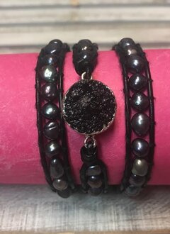 Handmade Leather, Pearl and Black Druzy Wrap Bracelet