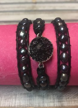 Handmade Leather, Pearl and Black Druzy Wrap Bracelet
