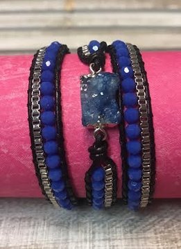 Handmade Leather and Druzy Dark Blue Crystal Wrap Bracelet