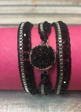 Handmade Leather and Druzy Black Crystal Wrap Bracelet