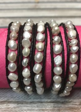 Handmade Dark Brown Leather and White Pearl Wrap Bracelet