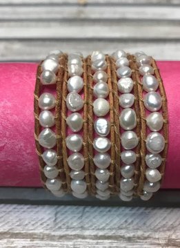 Handmade Tan Leather and White Pearl Wrap Bracelet