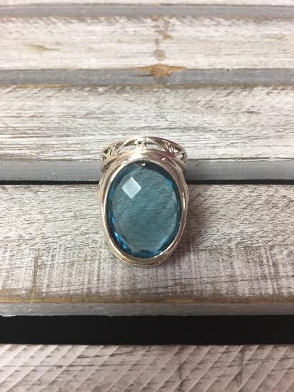 Sterling Silver Chunky Faceted Blue Topaz Ring, Size 9
