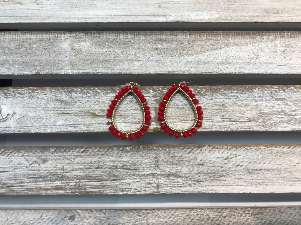 Red Beaded Tear Drop Earrings