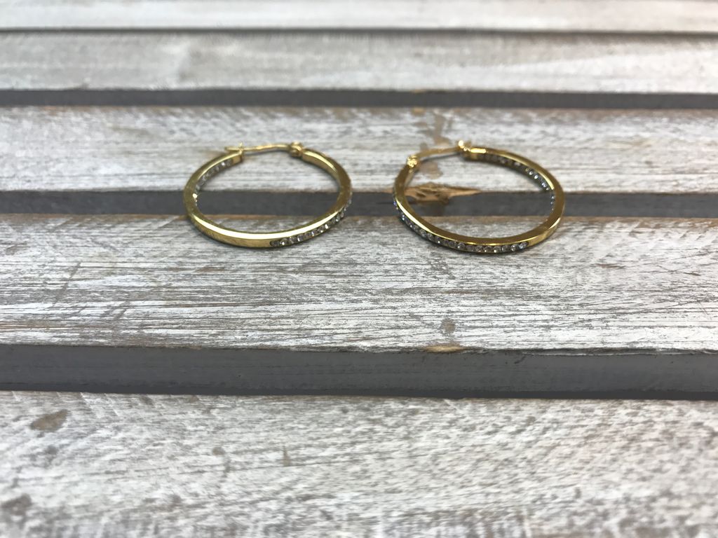 Stainless Steel Gold Hoops with Rhinestones Surrounding