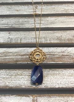 Trendy Gold Necklace with Blue Stone Hanging