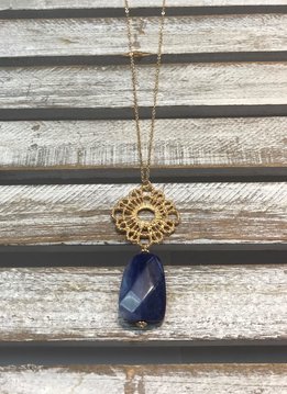 Trendy Gold Necklace with Blue Stone Hanging