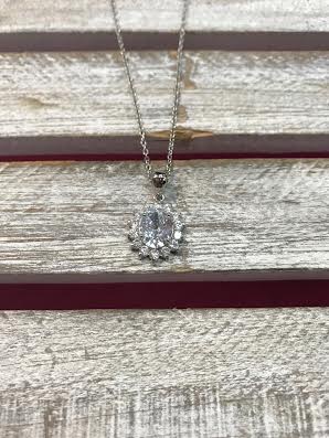 Silver Necklace with Oval Rhinestone and Halo