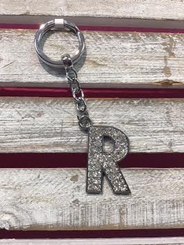 Silver Initial Rhinestone Keychain R