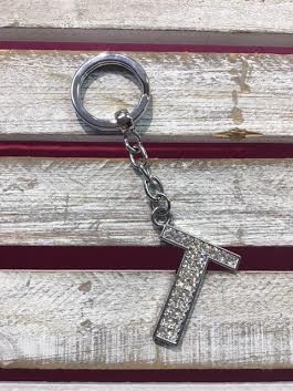 Silver Initial Rhinestone Keychain T