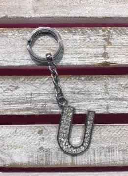 Silver Initial Rhinestone Keychain U