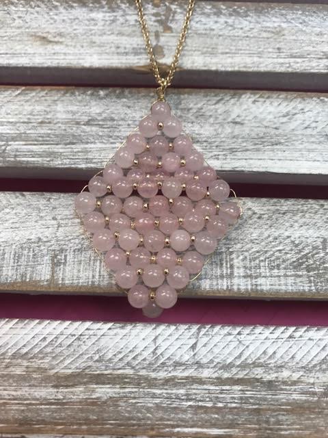 Semi Precious Rose Beads Rhombus Pendant Necklace