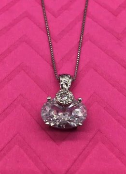 Italian Sterling Silver Necklace with Cubic Zirconia Oval Pendant