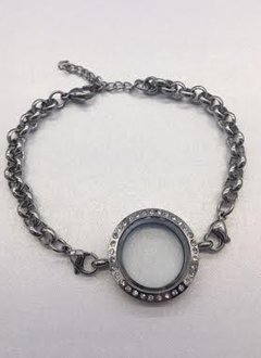 Silver Floating Charm Locket Bracelet with Rhinestones