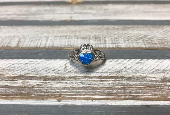 Sterling Silver and Blue Opal Claddagh Ring