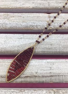Burgundy Beaded Pendant on Long Gold Necklace