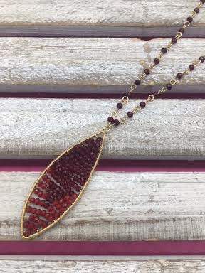 Burgundy Beaded Pendant on Long Gold Necklace