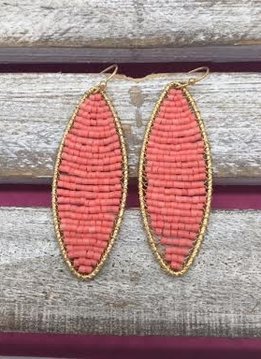 Long Coral Beaded Gold Earrings