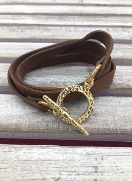 Brown Leather Wrap Bracelet with Gold Closure